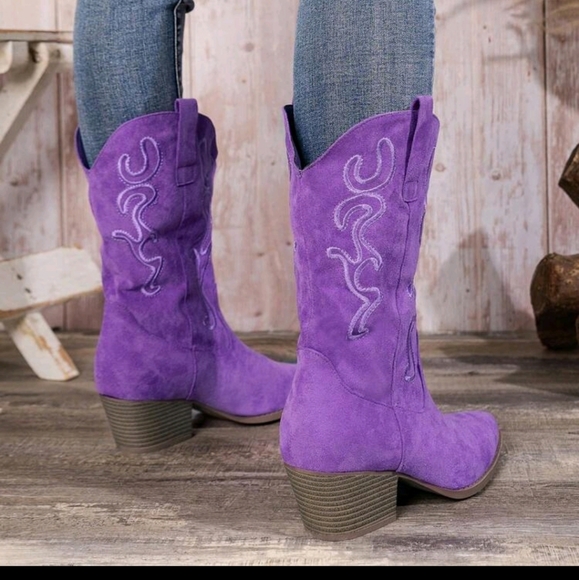 NEW WOMENS PURPLE💜 EMBROIDERED WEDGE SLIP-ON BOOTS - Picture 2 of 10